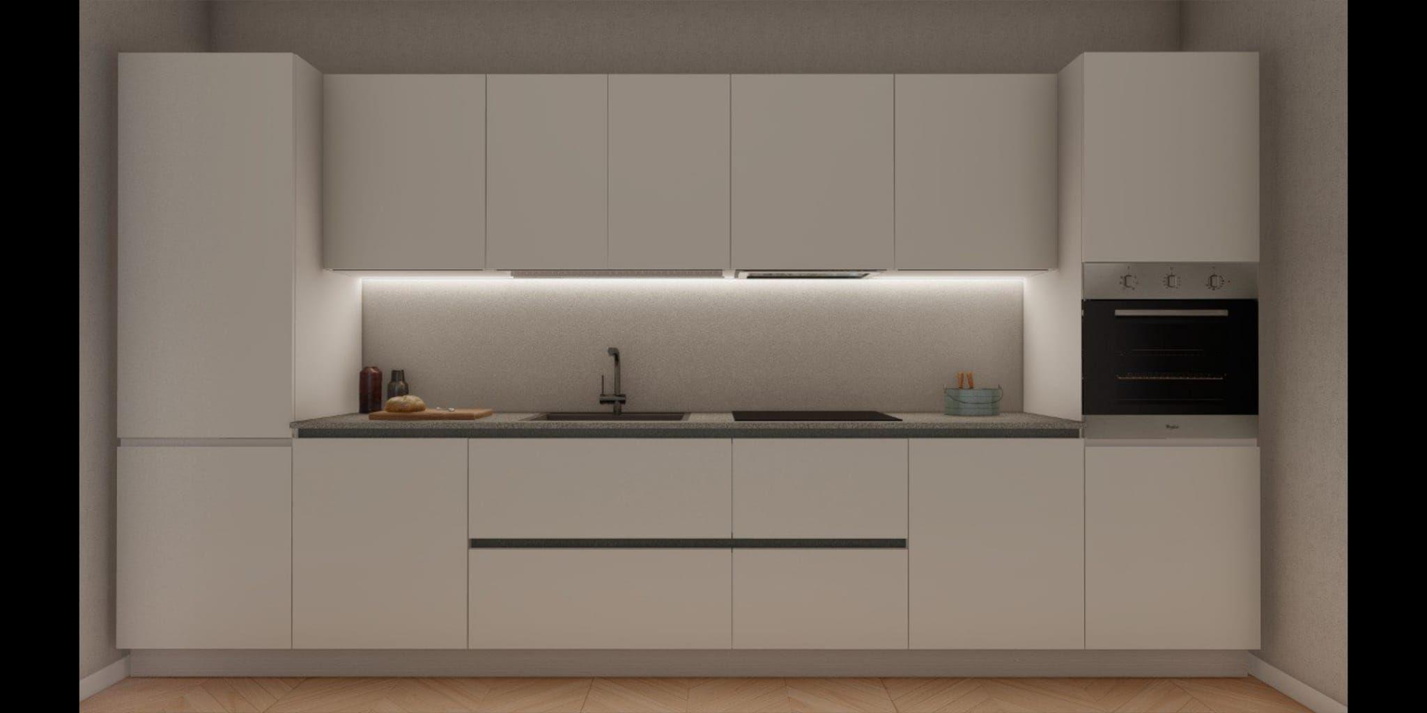 Cucina lineare contemporanea finitura sabbia con LED